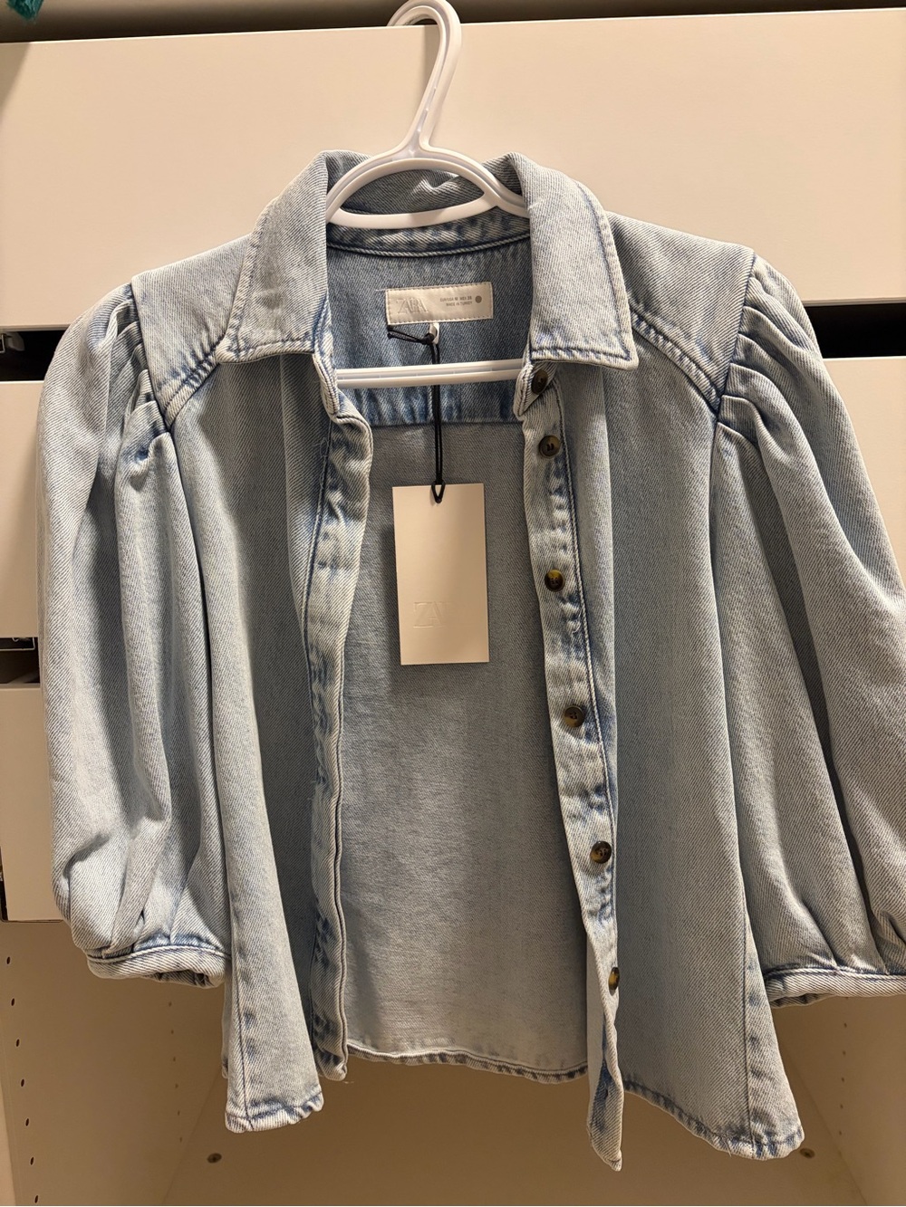 Zara Light Wash Denim Puff-Sleeve Blouse - Women